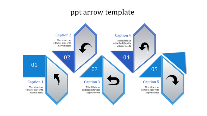 Stepwise blue arrow template with numbered segments and circular arrow icons, paired with text caption areas.