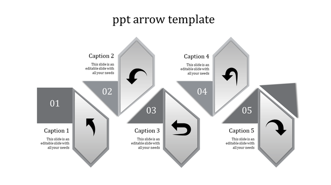 Monochrome arrow themed PowerPoint slide with five gray sections numbered 01 to 05, featuring captions.