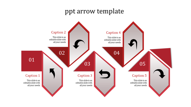 Monochrome arrow themed PowerPoint slide with five red sections numbered 01 to 05, featuring captions.