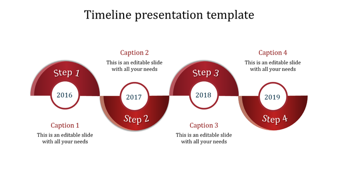 Red themed timeline PowerPoint template with circular steps for 2016 to 2019, featuring captions.