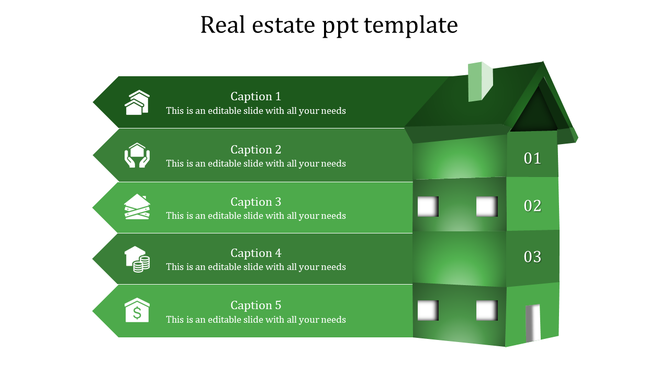 3D real estate infographic featuring a green multi-story house with labeled sections and five aligned text banners.