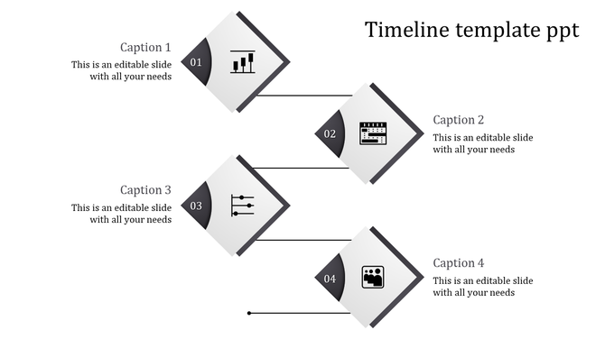 Timeline PPT template with four icons in black and gray representing a graph, calendar, slider, and team with captions.