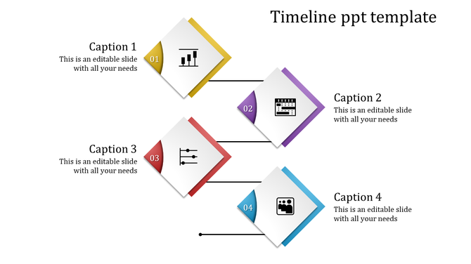 Timeline PPT slide featuring four colored diamond icons representing a graph, calendar, slider, and team with captions.