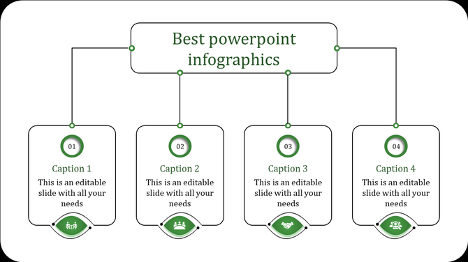 Business process flowchart with four vertically aligned text boxes connected to a main heading, featuring circular step.