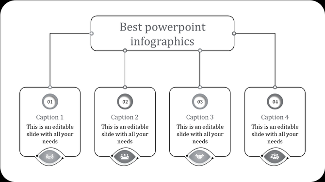 Professional infographic slide with four linked gray numbered boxes, featuring captions, connected to a central title.