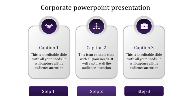 Corporate slide with three vertically aligned glossy gray boxes, each featuring a purple circular icon at the top.