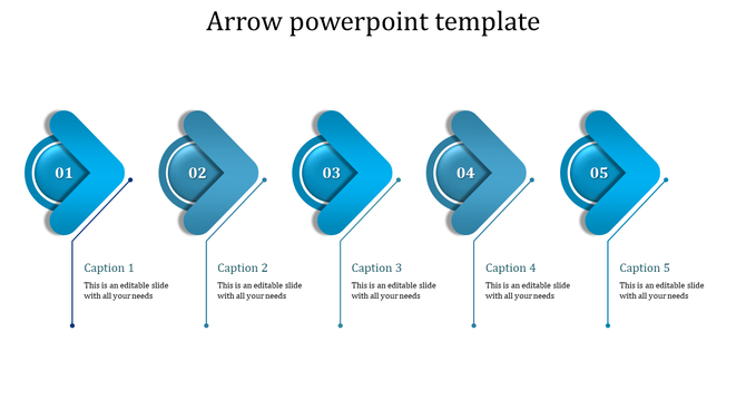 Blue arrow template paired with five circular elements containing numbers, linked to captions in a row.