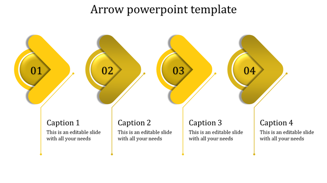 Arrow PowerPoint template with four yellow arrow icons numbered 01 to 04, each paired with caption text.