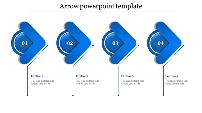 Four-step blue arrow infographic, each step numbered from 01 to 04, with captions below connected by thin lines.