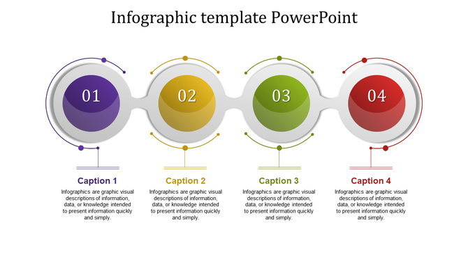 Infographic template with four connected circular elements labeled 01 to 04, each with a caption areas.