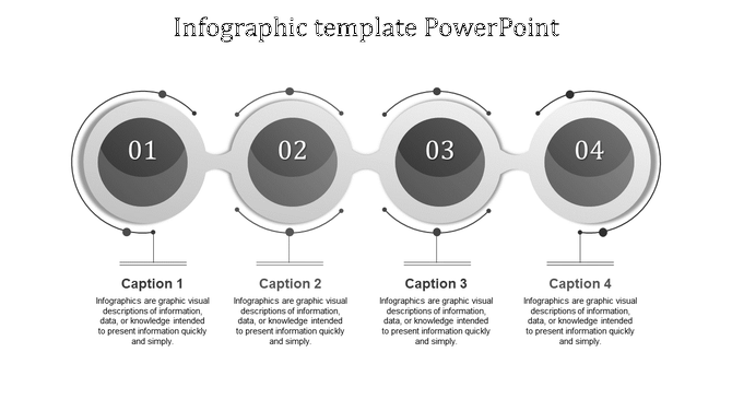 Infographic PowerPoint slide with four grey circles, each numbered and accompanied by a description.