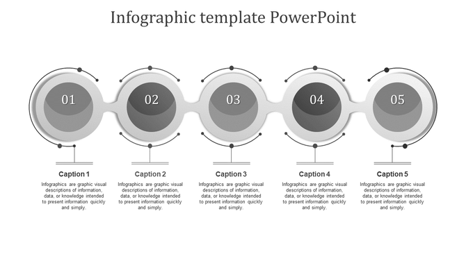 Infographic PowerPoint slide featuring five grey circles with numbered sections, each with a caption and placeholder text.