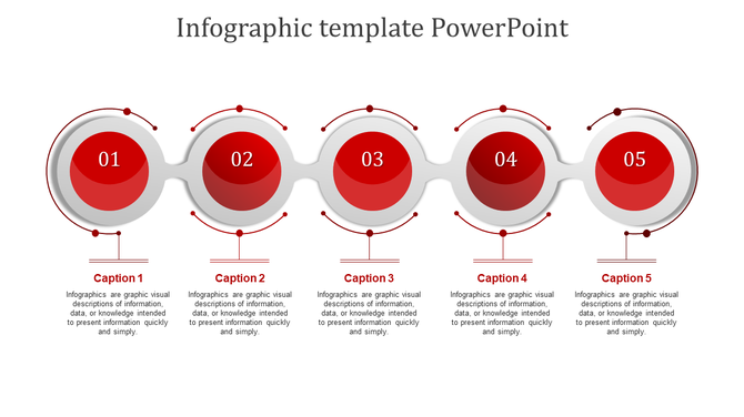 Red and gray five step infographic with circular elements connected in a wave like pattern, each labeled numerically.