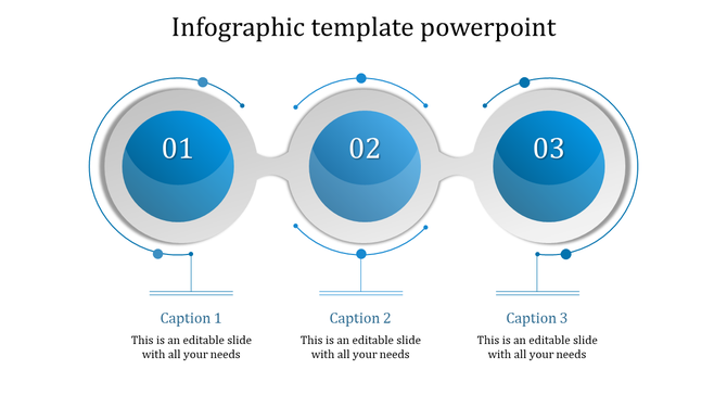 Infographic PowerPoint template with three numbered blue and gray circles with corresponding captions.