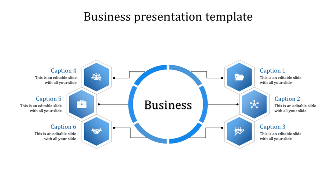PowerPoint template featuring a central Business circle surrounded by six blue hexagons with captions and icons.