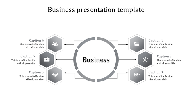 Business slide with a gray circle center and six connected hexagons, each featuring icons and captions.