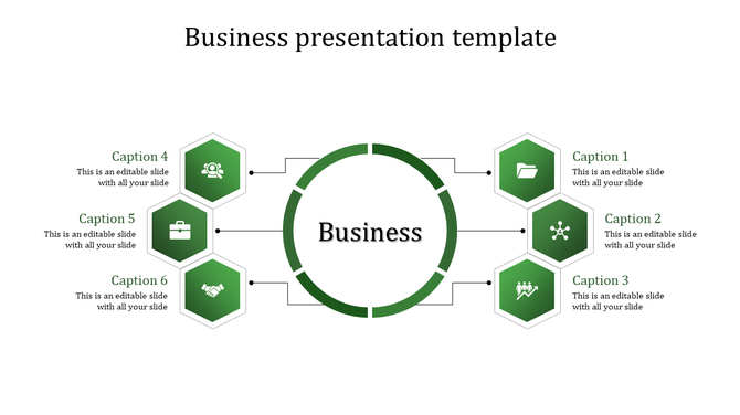Business presentation template featuring a central circle surrounded by six green hexagons with captions and icons.