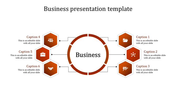Business PPT template featuring a central circle with six colored hexagons surrounding it, each with a caption and icon.