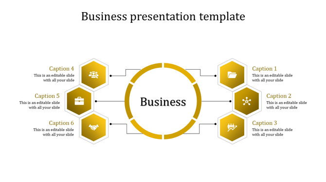 Yellow themed business template featuring a central circle linked to six hexagonal elements with captions and icons.