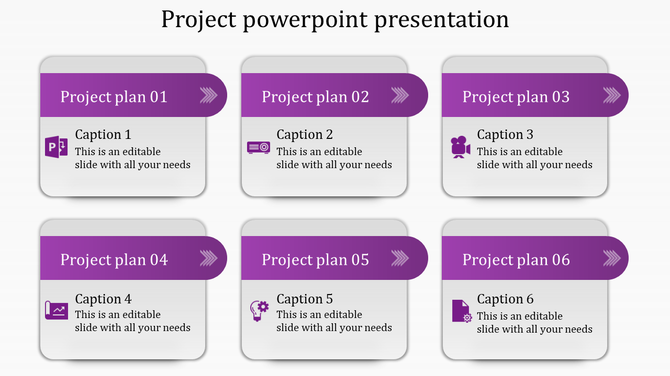 Six-step project plan infographic with purple gradient headers labeled from Project Plan 01 to 06, each containing an icon.