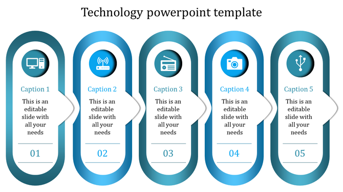 Technology PowerPoint template with five steps, each represented by icons for devices, wireless, radio, camera, and USB.