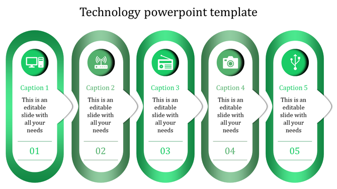 Professional green slide with five oval shapes, featuring technology related icons, captions, and numbers.