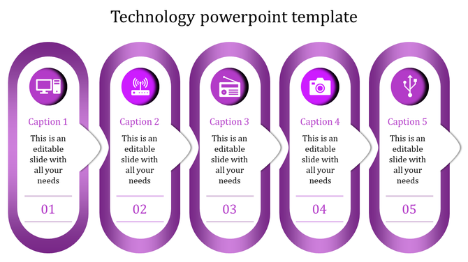 Technology PowerPoint template featuring icons for a computer, router, radio, camera, and USB connection with captions.
