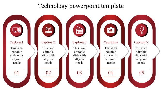 Red and white technology PPT template with five sections featuring icons for a computer, wireless, radio, camera, and USB.