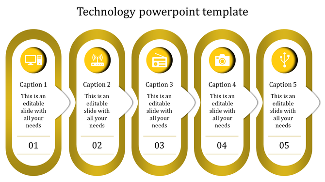 A vibrant technology slide showcasing icons for computer, wifi, radio, camera, and USB, each with a caption.
