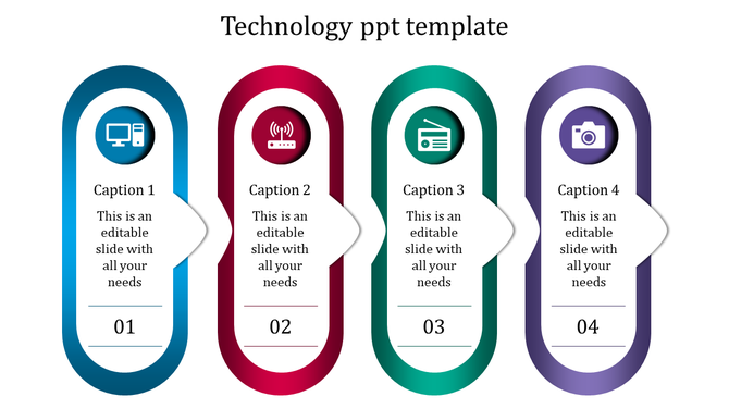 Four vertical oval shapes in blue, red, green, and purple with icons, captions, and numbered sections in a row.