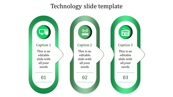 Green themed technology slide with icons for computer, internet, and radio, with captions.