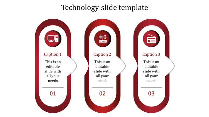 Red themed slide with three elongated oval shapes, each with icons, captions, and numbered sections vertically aligned.