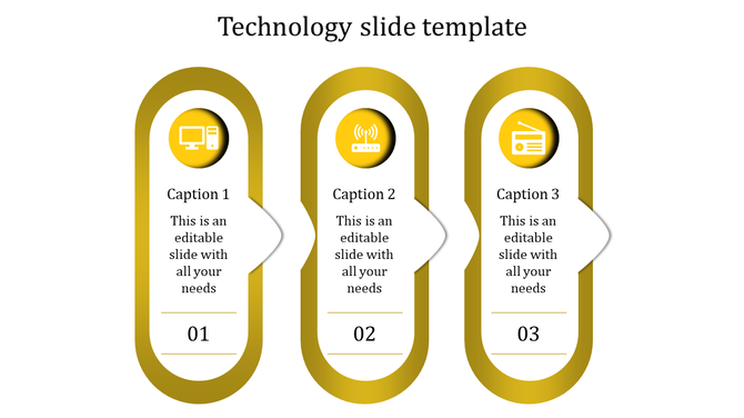 Technology slide featuring three numbered sections with icons for a computer, wireless signal, and radio with captions.