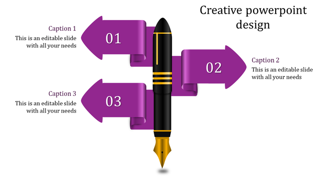 Creative PowerPoint slide featuring a fountain pen with purple arrows labeled 01, 02, and 03, and matching captions.
