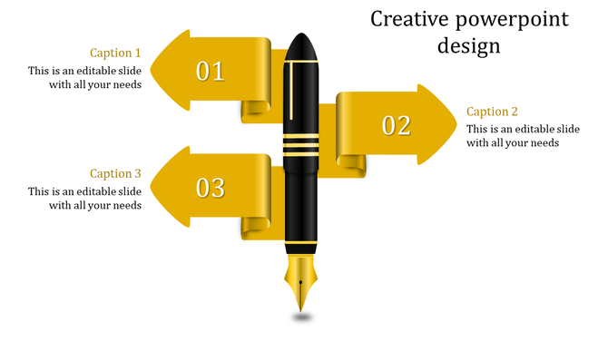 Creative design featuring a black and gold fountain pen at the center with arrow pointing outward placed in white background.