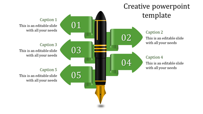 Education or writing concept template showing a central pen with five ribbon arrows branching out, each with a caption.