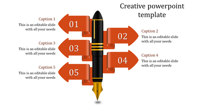 Creative PowerPoint template featuring a fountain pen surrounded by five orange arrows numbered 01 to 05, with captions.