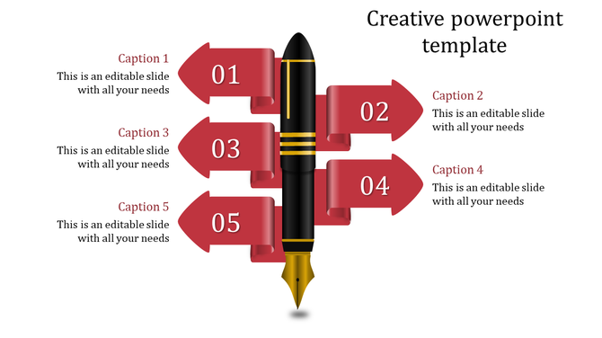 Creative slide with a black fountain pen in the center and five red arrows with captions pointing outward.
