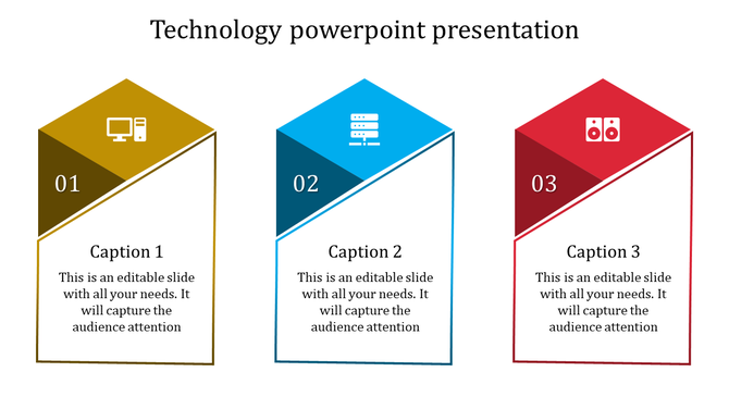 Creative tech layout featuring gold, blue, and red sections, each with a unique tech symbol and numbered sequence.