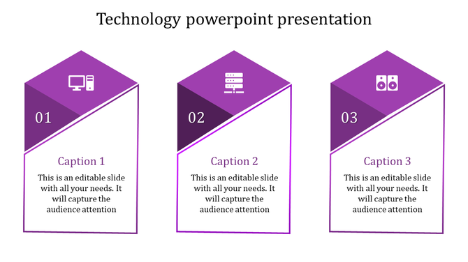 Technology PowerPoint slide with three purple blocks featuring icons for computer, server, and speakers, with captions.
