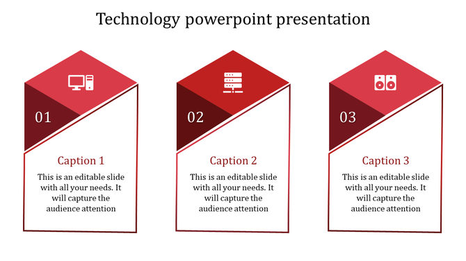 Step-by-step technology diagram showcasing three red-themed blocks with a number, icon, and placeholder text areas.