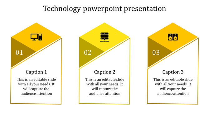 Technology slide showing three yellow pentagonal tiles with icons, numbers, and captions on a white canvas.