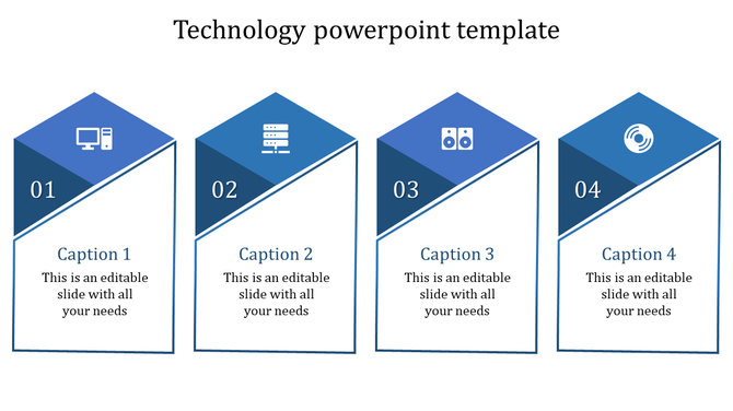 Technology PPT template with four blocks featuring icons for a computer, server, speakers, and network, each with captions.