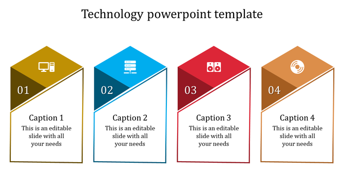Technology PPT slide with four colored blocks featuring icons for a computer, server, speakers, and network, with captions.