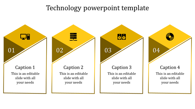 Gold themed technology slide with four blocks featuring icons for a computer, server, speakers, and network with captions.