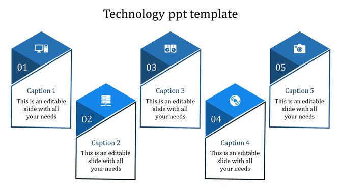 Modern tech presentation layout using five blue elements in varying heights, each showcasing a different tech-related topic.