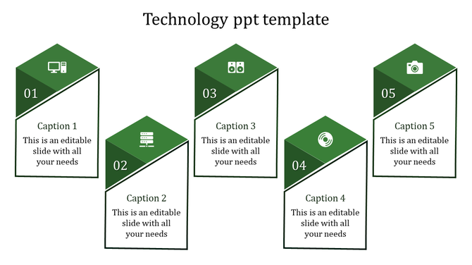 Green themed technology PPT slide with five blocks, each featuring icons with captions.