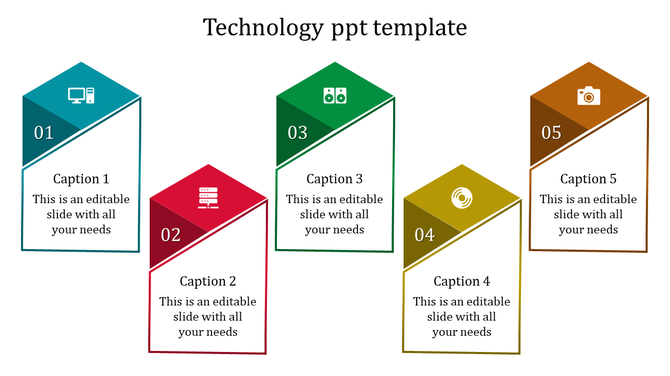 Step-by-step technology diagram using five uniquely colored pentagon-shaped elements to display numbered steps.