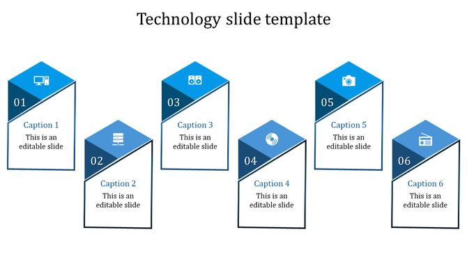 Technology slide featuring six blocks with icons for a computer, server, speakers, network, camera, and radio with captions.