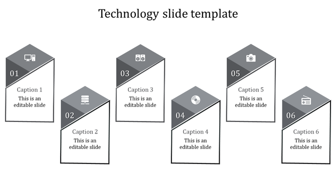 Technology slide template featuring six pentagon-shaped blocks arranged in a staggered layout, each numbered from 01 to 06.
